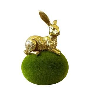 COTTONTAIL LANE Gold Foil Easter Bunny On Green Moss Flocked Egg Figurine New